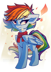 Size: 842x1191 | Tagged: safe, artist:chaosangeldesu, imported from derpibooru, rainbow dash, pegasus, pony, autumn, clothes, cute, leaves, scarf, solo