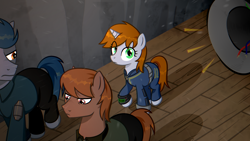 Size: 1918x1080 | Tagged: safe, artist:uspen, imported from derpibooru, oc, oc only, oc:littlepip, earth pony, pony, unicorn, fallout equestria, angry, belt, clothes, corridor, distracted, female, group sex, horn, indoors, male, mare, overalls, overhead view, pipbuck, security guard, stallion, threesome, wires, wooden floor