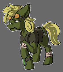 Size: 935x1065 | Tagged: safe, artist:pen-and-paper, imported from derpibooru, oc, oc only, oc:murky, earth pony, pony, fallout equestria, fallout equestria: murky number seven, bandage, clothes, earth pony oc, fanfic art, goggles, goggles on head, gray background, male, raised hoof, simple background, solo, stallion, tail