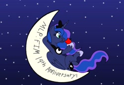 Size: 4143x2835 | Tagged: artist needed, safe, imported from derpibooru, princess luna, alicorn, pony, apple, crescent moon, eating, food, mlp fim's fourteenth anniversary, moon, night, night sky, sky, solo, tangible heavenly object