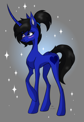 Size: 1820x2668 | Tagged: artist needed, safe, imported from derpibooru, oc, oc only, oc:midnight sapphirus, pony, unicorn, blushing, female, horn, mare, signature, solo