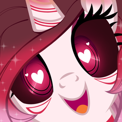 Size: 2598x2598 | Tagged: safe, artist:alicedamegalodon, artist:drpancakees, artist:lovebuggo_, edit, imported from derpibooru, vector edit, oc, oc only, oc:scarlet comet, alicorn, pony, close-up, female, g4 style, heart, heart eyes, hi anon, looking at you, mare, meme, open mouth, open smile, red eyes, smiling, stare, staring at you, staring into your soul, two toned mane, vector, wingding eyes