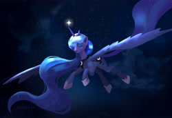 Size: 7283x4993 | Tagged: safe, artist:podpivk0, imported from derpibooru, princess luna, alicorn, pony, absurd resolution, ethereal mane, ethereal tail, eyes closed, female, flying, mare, night, sky, solo, stars, tail