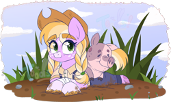 Size: 2249x1341 | Tagged: safe, artist:toodaioo, imported from derpibooru, oc, oc only, oc:comet trail, oc:pignelope, earth pony, pig, pony, clothes, coat markings, cowboy hat, duo, eye clipping through hair, eyebrows, eyebrows visible through hair, facial markings, female, filly, foal, freckles, hat, lying down, mud, muddy hooves, offspring, overalls, parent:big macintosh, parent:twilight sparkle, parents:twimac, pet oc, pigtails, prone, snip (coat marking), star (coat marking), watermark