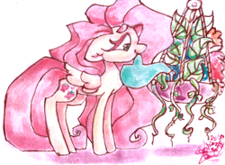 Size: 4206x3072 | Tagged: safe, artist:mannybcadavera, imported from derpibooru, fluttershy, pegasus, pony, cute, floppy ears, high res, mouth hold, potted plant, shyabetes, signature, simple background, smiling, solo, traditional art, watercolor painting, watering can, white background