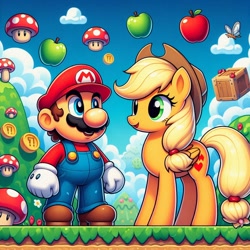 Size: 1024x1024 | Tagged: safe, imported from derpibooru, applejack, earth pony, human, ai content, ai generated, apple, applejack's hat, cowboy hat, female, food, hat, male, mushroom, nintendo, prompter:bluey2309, super mario bros.