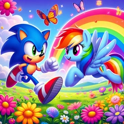 Size: 1024x1024 | Tagged: safe, imported from derpibooru, rainbow dash, butterfly, pegasus, ai content, ai generated, female, flower, male, nature, outdoors, prompter:bluey2309, rainbow, sonic the hedgehog, sonic the hedgehog (series)