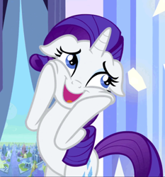 Size: 882x945 | Tagged: safe, imported from derpibooru, screencap, rarity, pony, unicorn, the crystal empire, bipedal, cropped, cute, floppy ears, hooves on cheeks, horn, open mouth, open smile, raribetes, smiling, solo