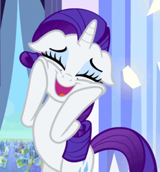 Size: 877x942 | Tagged: safe, imported from derpibooru, screencap, rarity, pony, unicorn, the crystal empire, bipedal, cropped, cute, eyes closed, floppy ears, hooves on cheeks, horn, open mouth, open smile, raribetes, smiling, solo