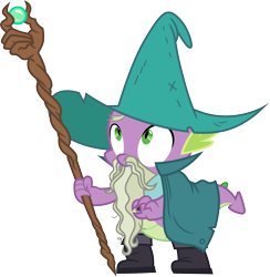 Size: 3000x3068 | Tagged: safe, artist:cloudy glow, imported from derpibooru, spike, dragon, garbuncle, hat, male, simple background, staff, transparent background, vector, wizard hat