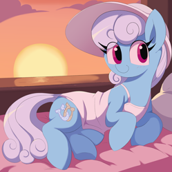 Size: 2124x2129 | Tagged: safe, artist:spoonie, linky, shoeshine, earth pony, bed, bedroom, clothes, dress, featured image, hat, lying down, lying on bed, solo, sun hat, sundress