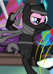 Size: 351x489 | Tagged: safe, edit, edited screencap, imported from derpibooru, screencap, pinkie pie, earth pony, pony, cute, fight, ninja, pinkie spy, sword, weapon