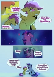 Size: 1448x2048 | Tagged: safe, artist:piesinful, imported from derpibooru, scootaloo, twilight sparkle, pegasus, pony, unicorn, comic:unlucky day, fanfic:cupcakes, comic, crying, dialogue, duo, duo female, female, filly, floppy ears, foal, horn, mare, missing cutie mark, no pupils, sitting, speech bubble, unicorn twilight