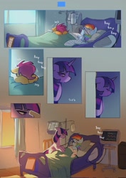 Size: 1448x2048 | Tagged: safe, artist:piesinful, imported from derpibooru, rainbow dash, scootaloo, twilight sparkle, pegasus, pony, unicorn, comic:unlucky day, fanfic:cupcakes, bags under eyes, bandage, bed, comic, crying, female, filly, foal, horn, hospital, hospital bed, indoors, mare, no dialogue, no pupils, respirator, sobbing, trio, trio female, unicorn twilight