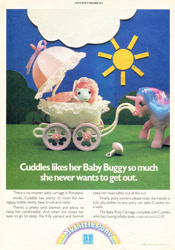 Size: 664x949 | Tagged: safe, imported from derpibooru, buttons (g1), cuddles (g1), earth pony, pony, unicorn, 1987, advertisement, baby, baby carriage, baby pony, blanket, bonnet, cloud, duo, duo female, female, filly, foal, g1, horn, mare, my little pony logo, my little pony vol. 1, my little pony vol. 1 #78, official comic, outdoors, parasol (umbrella), photo, rattle, sun, text, toy