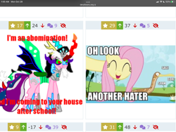 Size: 2048x1536 | Tagged: safe, imported from derpibooru, fluttershy, bird, bittern, pegasus, pony, derpibooru, gel-arshie, homestar runner, juxtaposition, juxtaposition win, meme, meta, tiara ultima