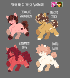 Size: 2767x3091 | Tagged: safe, artist:nkukubean, imported from derpibooru, cheese sandwich, pinkie pie, oc, oc:chocolate strawberry, oc:cinnamon taffy, oc:frosted cookie, oc:lotta latte, earth pony, pony, cheek fluff, chest fluff, ear fluff, female, freckles, glasses, gray background, heart, heart eyes, male, mare, nose piercing, nose ring, offspring, parent:cheese sandwich, parent:pinkie pie, parents:cheesepie, piercing, screencap reference, siblings, simple background, stallion, unshorn fetlocks, wingding eyes