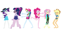 Size: 1735x1042 | Tagged: safe, artist:sotosbros, edit, imported from derpibooru, applejack, fluttershy, pinkie pie, rainbow dash, rarity, sci-twi, twilight sparkle, equestria girls, barefoot, clothes, dancing, equestria girls specials, feet, glasses, hat, humane five, humane six, my little pony equestria girls: better together, my little pony equestria girls: forgotten friendship, simple background, swimsuit, white background