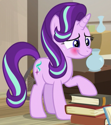 Size: 567x636 | Tagged: safe, imported from derpibooru, screencap, starlight glimmer, pony, unicorn, season 7, uncommon bond, blushing, book, cropped, cute, embarrassed, female, glimmerbetes, horn, mare, raised hoof, smiling, solo