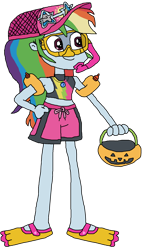 Size: 1941x3405 | Tagged: safe, imported from derpibooru, rainbow dash, equestria girls, clothes, equestria girls specials, flippers, goggles, halloween, hat, holiday, my little pony equestria girls: better together, my little pony equestria girls: forgotten friendship, snorkel, sunglasses, swim mask, swimsuit, trick-or-treat bag, trick-or-treating, water wings