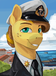 Size: 1872x2520 | Tagged: safe, artist:kelkessel, imported from derpibooru, oc, oc only, oc:light shine, equestria at war mod, admiral, bust, cap, clothes, freckles, hat, military uniform, necktie, pin, portrait, ship, solo, sun, uniform