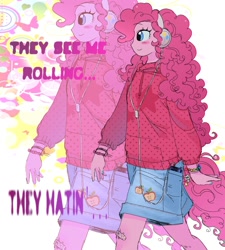 Size: 1800x2000 | Tagged: safe, artist:dulcesilly, imported from derpibooru, pinkie pie, human, equestria girls, abstract background, blush sticker, blushing, clothes, female, headphones, jacket, profile, shorts, solo, text, walking, zoom layer