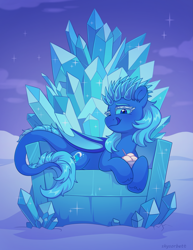 Size: 1815x2346 | Tagged: safe, artist:skysorbett, imported from derpibooru, oc, oc only, original species, pony, bat wings, crystal, food, ice, ice cream, ice throne, long tail, looking at you, lying down, outdoors, smiling, smiling at you, snow, solo, tail, throne, tongue out, wings, winter