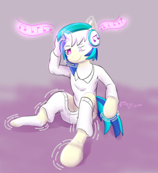 Size: 1560x1700 | Tagged: safe, artist:jack-pilcrow, imported from derpibooru, dj pon-3, vinyl scratch, human, pony, unicorn, headphones, horn, human to pony, music notes, sitting, solo, transformation