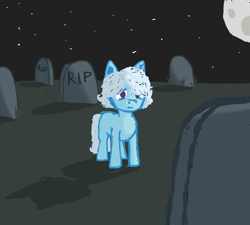 Size: 1200x1080 | Tagged: safe, artist:sacrious, imported from derpibooru, oc, oc only, unnamed oc, earth pony, pony, blue coat, gravestone, moon, night, purple eyes, solo, standing, stars, white hair