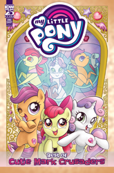 Size: 2063x3131 | Tagged: safe, artist:brendahickey, idw, imported from derpibooru, apple bloom, scootaloo, sweetie belle, earth pony, pegasus, pony, unicorn, series:best of my little pony, apple bloom's bow, bow, comic cover, cover, cover art, cutie mark, cutie mark crusaders, female, filly, foal, hair bow, high res, horn, my little pony logo, official, official comic, open mouth, open smile, smiling, spread wings, the cmc's cutie marks, trio, trio female, wings