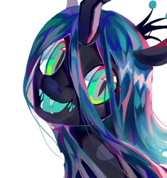 Size: 2268x2416 | Tagged: safe, artist:shiqiuzhu, imported from derpibooru, queen chrysalis, changeling, changeling queen, pony, bust, crown, fangs, female, jewelry, mare, regalia, simple background, smiling, solo, white background