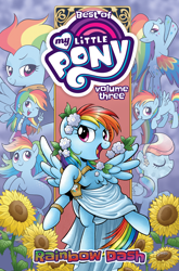 Size: 1400x2125 | Tagged: safe, artist:brendahickey, idw, imported from derpibooru, rainbow dash, crystal pony, human, pegasus, pony, seapony (g4), series:best of my little pony, equestria girls, best pony, blank flank, clothes, comic, comic cover, cover, cover art, crystallized, dashstorm, dorsal fin, eyes closed, female, filly, filly rainbow dash, fin, fin wings, fins, fish tail, flower, flowing mane, flowing tail, foal, folded wings, high res, mare, multeity, my little pony logo, official, official comic, older, older rainbow dash, open mouth, open smile, rainbow dash always dresses in style, rainbow dash is best facemaker, rainbow power, rainbow power-ified, scales, seaponified, seapony rainbow dash, smiling, solo, species swap, spread wings, sunflower, swimming, tail, toga, wings, younger