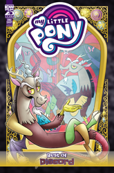 Size: 2063x3131 | Tagged: safe, artist:brendahickey, idw, imported from derpibooru, discord, draconequus, series:best of my little pony, comic cover, cover, cover art, evil grin, grin, high res, male, my little pony logo, official, official comic, smiling, solo