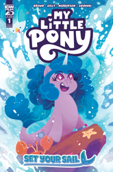 Size: 2063x3131 | Tagged: safe, artist:justasuta, idw, imported from derpibooru, izzy moonbow, bird, crab, pony, seapony (g4), starfish, unicorn, spoiler:comic, spoiler:g5comic, comic cover, cover, cover art, cute, female, fish tail, flowing mane, flowing tail, g5, happy, here we go again, high res, horn, izzybetes, mare, mcsnips-a-lot, movie reference, my little pony logo, my little pony: set your sail, ocean, official, official comic, open mouth, open smile, rock, sea pony (g5), seaponified, seapony izzy moonbow, set your sail #1, shoo be doo, smiling, species swap, splash, tail, teeth, the little mermaid, unshorn fetlocks, water, wingding eyes