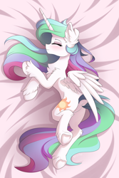 Size: 3000x4500 | Tagged: safe, artist:natanvok, imported from derpibooru, princess celestia, alicorn, pony, blushing, body pillow, body pillow design, chest fluff, dock, ear fluff, eyes closed, featureless crotch, female, hoof fluff, horn, leg fluff, mare, solo, tail, underhoof, wings