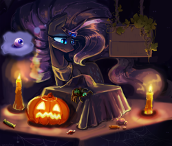 Size: 4700x4000 | Tagged: safe, artist:anastas, imported from derpibooru, part of a set, grape stem, nightmare rarity, pony, spider, unicorn, series:ask nightmare rarity, ask, candle, candlelight, candy, detailed background, ethereal mane, eyelashes, eyeshadow, female, flowing mane, food, halloween, holiday, horn, indoors, jewelry, makeup, mare, mlp art ask (ru), nightmare night, nightmarified, pumpkin, regalia, slit pupils, solo, spider web, starry mane, starry tail, tail