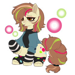 Size: 2124x2104 | Tagged: safe, artist:alunedoodle, imported from derpibooru, oc, oc only, earth pony, pony, clothes, female, jacket, piercing, raised hoof, shirt, sitting, socks, solo, tongue out