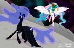 Size: 5600x3700 | Tagged: safe, artist:naret_web, imported from derpibooru, nightmare moon, princess celestia, alicorn, banishment, blood, crying, element of generosity, element of honesty, element of kindness, element of laughter, element of loyalty, element of magic, elements of harmony, missing accessory, mlp fim's fourteenth anniversary, moon, planet, scene interpretation, space, stars