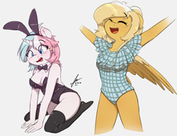 Size: 4188x3224 | Tagged: safe, artist:potato22, imported from derpibooru, oc, oc only, oc:cottonsweets, oc:mareota, anthro, pegasus, unicorn, breasts, bunny ears, bunny suit, clothes, duo, duo female, female, horn, socks, thigh highs