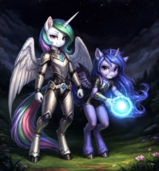 Size: 896x960 | Tagged: safe, imported from derpibooru, princess celestia, princess luna, alicorn, anthro, ai content, ai generated, anonymous prompter, armor, clothes, duo, duo female, fantasy, female, foal, forest, hooves, jewelry, magic, nature, night, royal sisters, siblings, sisters, spell, tree, young, younger