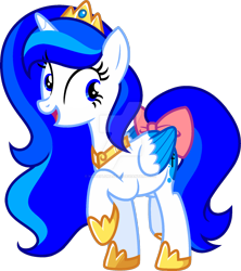 Size: 1280x1441 | Tagged: safe, artist:whiteplumage233, imported from derpibooru, oc, oc:luna sky, alicorn, pony, bow, colored wings, crown, female, jewelry, mare, regalia, simple background, solo, tail, tail bow, transparent background, two toned wings, wings