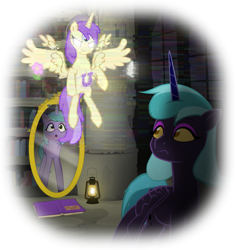 Size: 2738x2915 | Tagged: safe, artist:equestriaexploration, imported from derpibooru, alula, pluto, princess erroria, pony, 4chan, bucket, error, g5, glitch, horseshoes, lantern, nightmarified, self paradox, self ponidox, shiny sparks