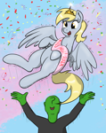 Size: 1903x2399 | Tagged: safe, artist:eels, derpy hooves, oc, oc:anon, human, pegasus, pony, /mlp/, female, mare, miss /mlp/