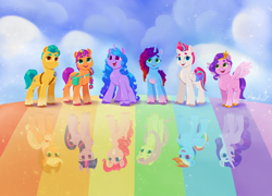 Size: 3004x2160 | Tagged: safe, artist:noasha, imported from derpibooru, applejack, fluttershy, hitch trailblazer, izzy moonbow, pinkie pie, pipp petals, rainbow dash, rarity, sunny starscout, twilight sparkle, zipp storm, alicorn, earth pony, pegasus, pony, unicorn, applejack (g5), female, fluttershy (g5), g5, high res, hitch and his heroine, horn, izzy and her heroine, male, mane five, mane six, mane six (g5), mare, misty and her heroine, misty brightdawn, open mouth, open smile, pinkie pie (g5), pipp and her heroine, rainbow, rainbow dash (g5), rarity (g5), rebirth misty, reflection, smiling, spread wings, stallion, sunny and her heroine, sunny's bag, twilight sparkle (alicorn), twilight sparkle (g5), wings, zipp and her heroine