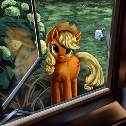 Size: 5000x5000 | Tagged: safe, artist:lillslim, imported from derpibooru, applejack, earth pony, pony, applejack's hat, complex background, cowboy hat, digital painting, female, flower, hat, high res, looking at you, mare, painting, plants, reflection, smiling, smiling at you, solo, solo female, window