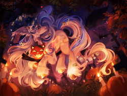 Size: 2560x1920 | Tagged: safe, artist:sweettsa1t, imported from derpibooru, oc, oc only, earth pony, pony, broom, candle, cheek fluff, ear fluff, female, flying, flying broomstick, halloween, hat, high res, holiday, jack-o-lantern, mare, night, outdoors, pumpkin, signature, solo, unshorn fetlocks, witch hat