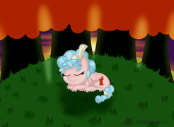 Size: 1844x1348 | Tagged: safe, artist:pixelemelee, imported from derpibooru, cozy glow, autumn, commission, cozybetes, cute, eyes closed, folded wings, forest, grass, lying down, nature, peaceful, sleeping, smiling, sunset, tree, wings