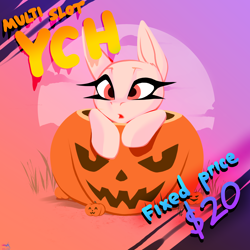 Size: 2500x2500 | Tagged: safe, artist:darky_wings, imported from derpibooru, oc, oc only, pony, any gender, any race, chibi, commission, fixed price, gradient background, halloween, halloween 2024, holiday, multislot, pumpkin, solo, your character here