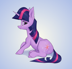 Size: 2900x2800 | Tagged: safe, artist:aquaticvibes, imported from derpibooru, twilight sparkle, pony, unicorn, female, gradient background, looking at you, mare, sitting, smiling, solo, unicorn twilight