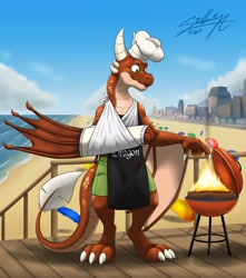 Size: 2315x2620 | Tagged: safe, artist:lutharieotterdreamer, imported from derpibooru, oc, oc:ash, dragon, wyvern, apron, bandage, barbeque, beach, broken bone, broken wing, cast, chef's hat, claws, clothes, colored wings, commission, cooking, dragon oc, dragonified, food, hat, injured, non-pony oc, nonbinary, shorts, sling, species swap, tail, wings